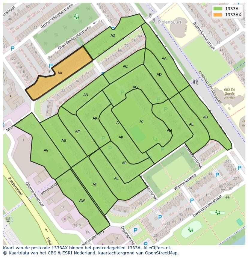 Afbeelding van het postcodegebied 1333 AX op de kaart.