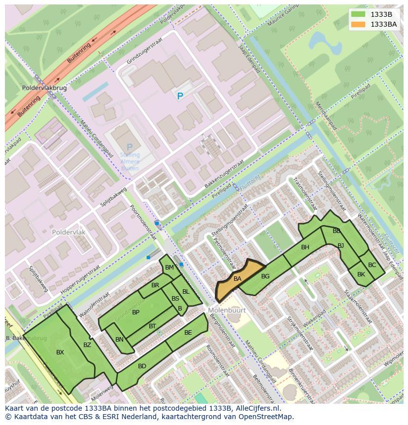 Afbeelding van het postcodegebied 1333 BA op de kaart.