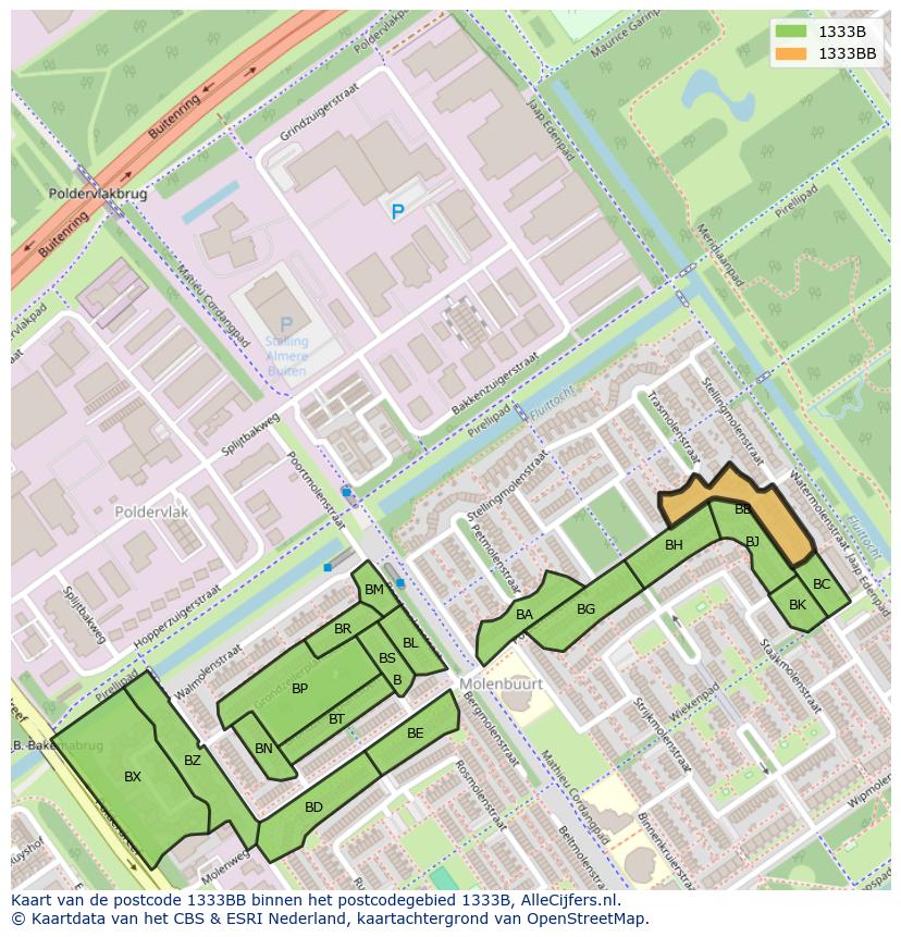 Afbeelding van het postcodegebied 1333 BB op de kaart.