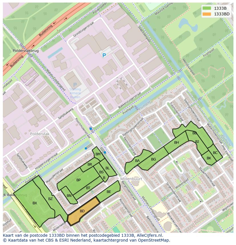 Afbeelding van het postcodegebied 1333 BD op de kaart.