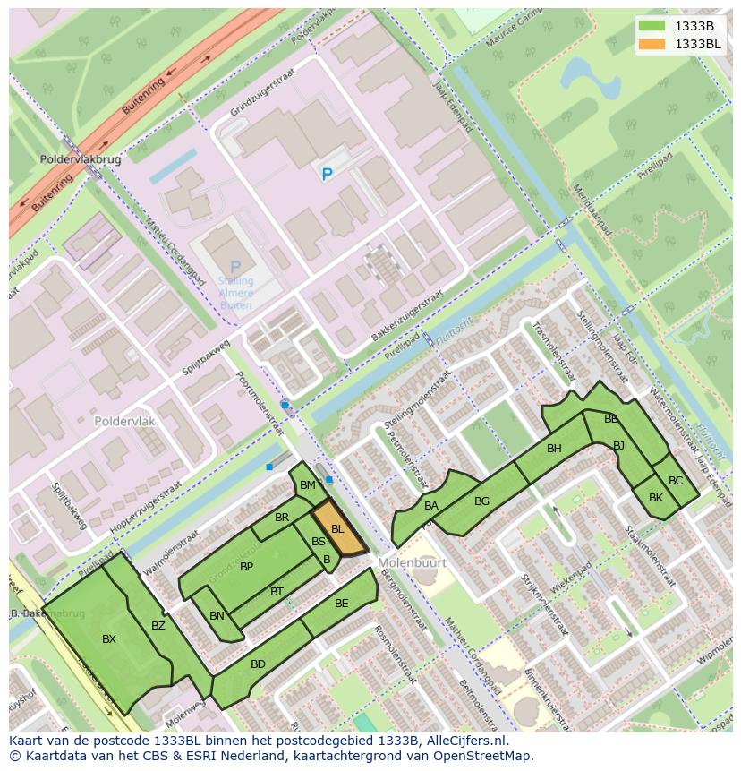 Afbeelding van het postcodegebied 1333 BL op de kaart.