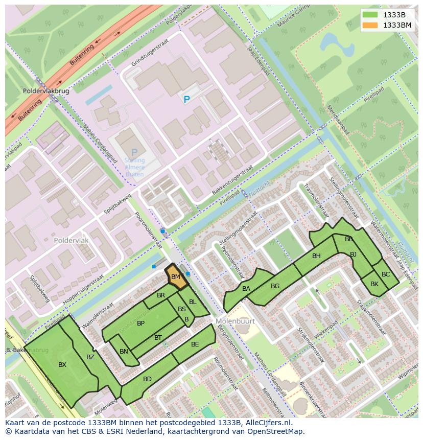 Afbeelding van het postcodegebied 1333 BM op de kaart.