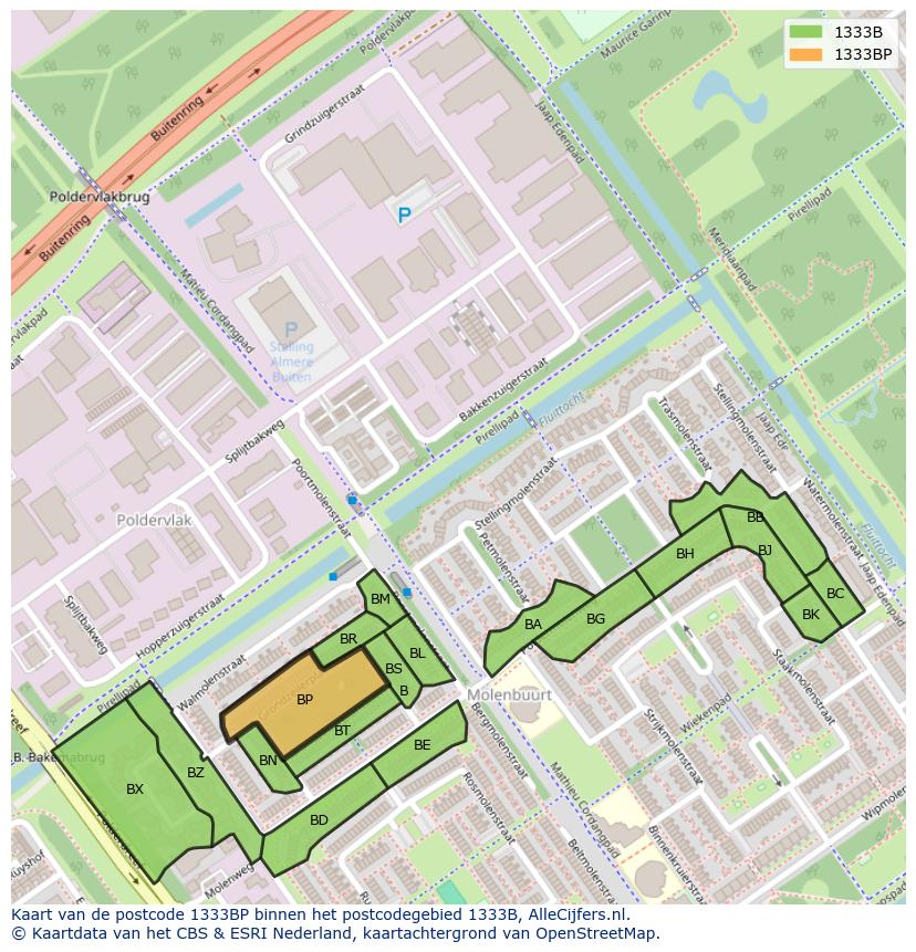 Afbeelding van het postcodegebied 1333 BP op de kaart.