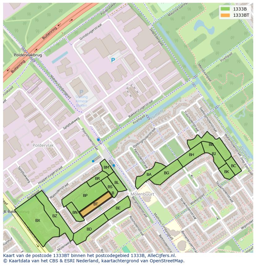 Afbeelding van het postcodegebied 1333 BT op de kaart.