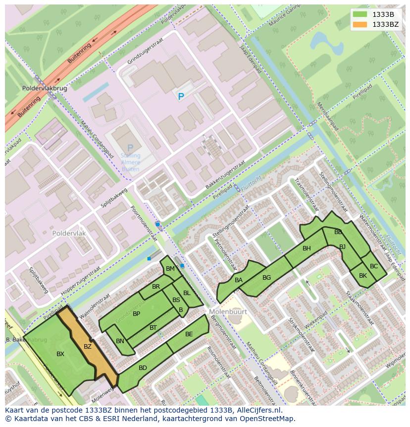 Afbeelding van het postcodegebied 1333 BZ op de kaart.