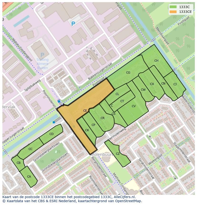 Afbeelding van het postcodegebied 1333 CE op de kaart.