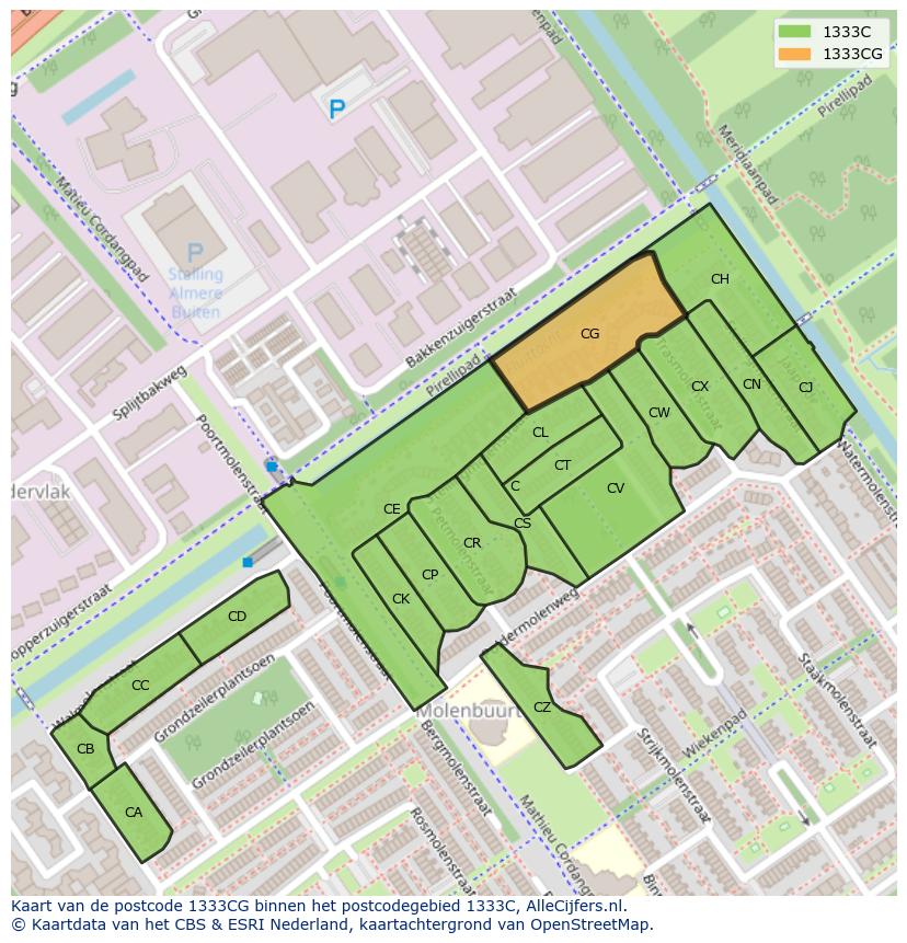 Afbeelding van het postcodegebied 1333 CG op de kaart.