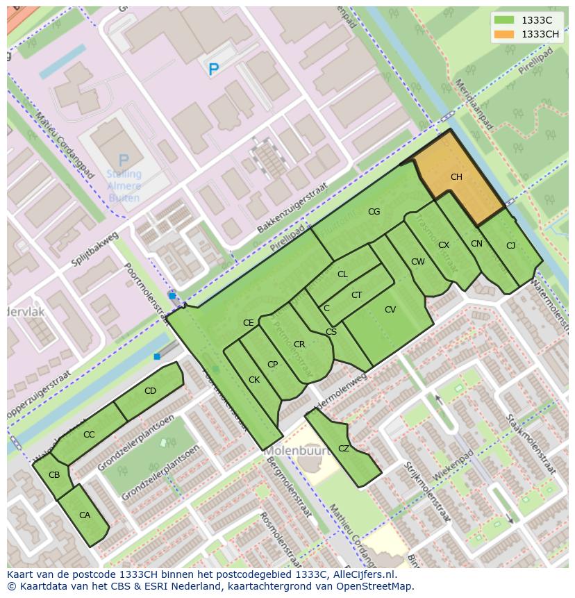 Afbeelding van het postcodegebied 1333 CH op de kaart.