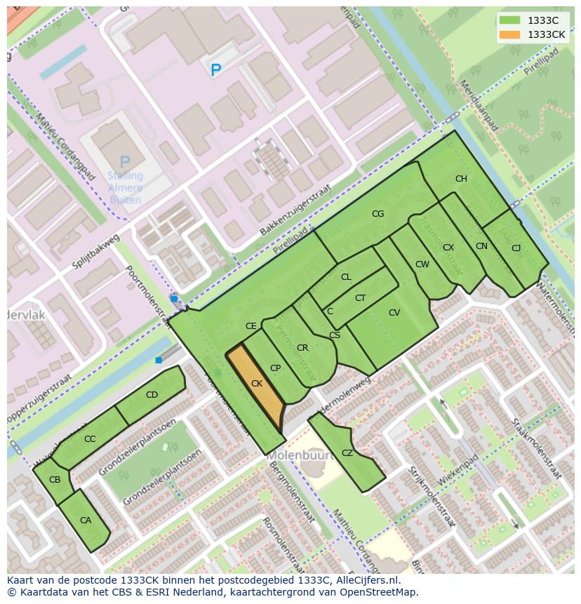 Afbeelding van het postcodegebied 1333 CK op de kaart.