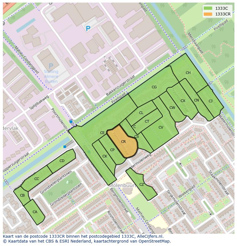 Afbeelding van het postcodegebied 1333 CR op de kaart.