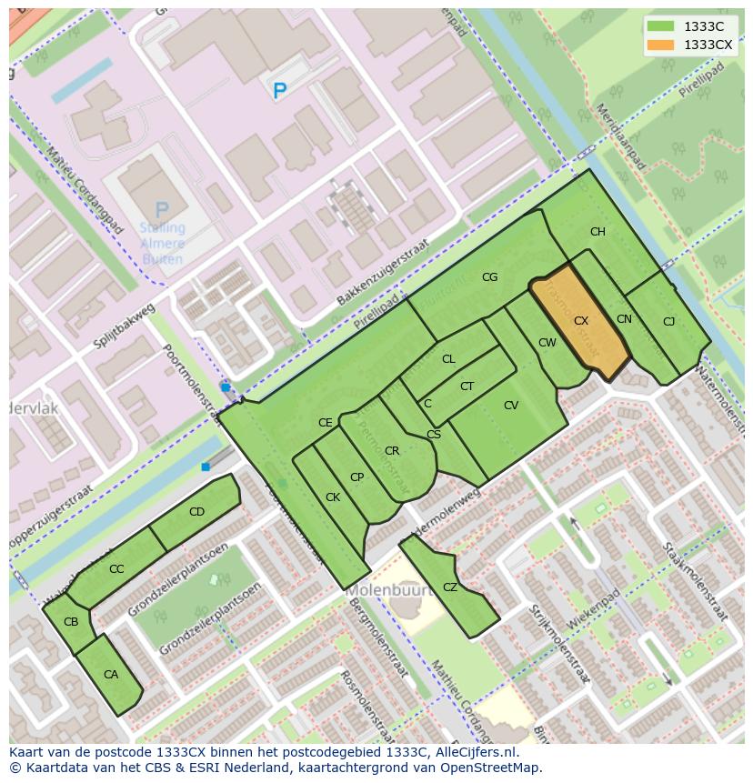 Afbeelding van het postcodegebied 1333 CX op de kaart.