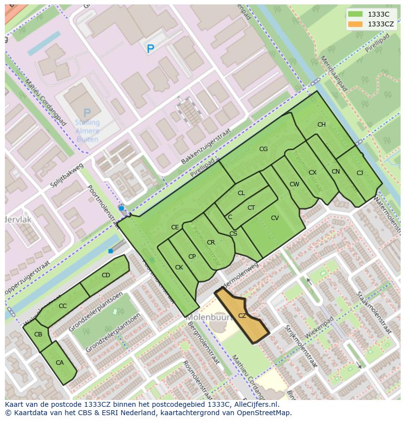 Afbeelding van het postcodegebied 1333 CZ op de kaart.