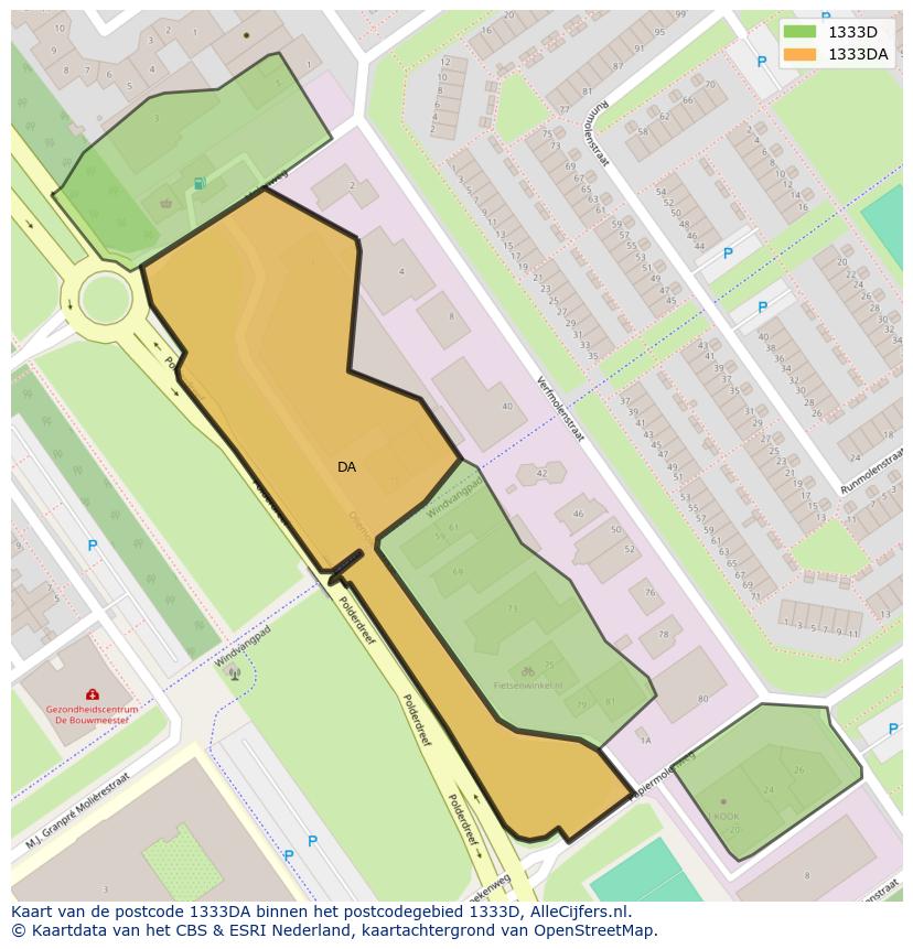 Afbeelding van het postcodegebied 1333 DA op de kaart.