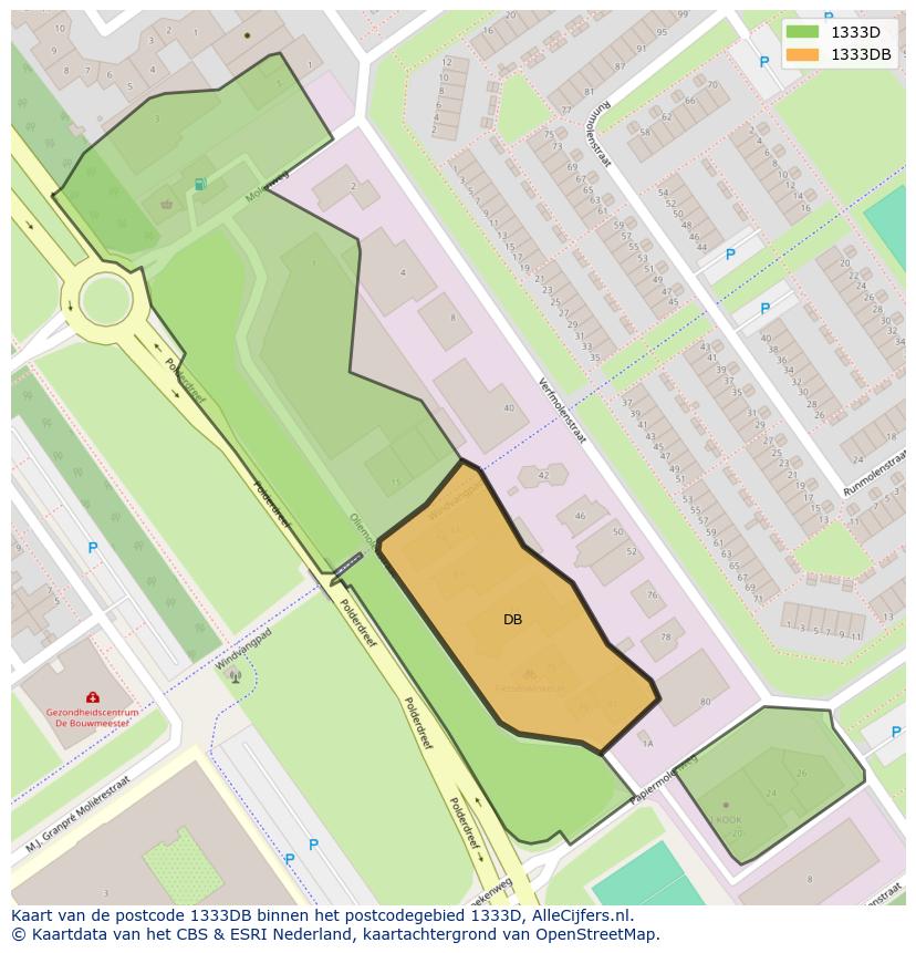 Afbeelding van het postcodegebied 1333 DB op de kaart.