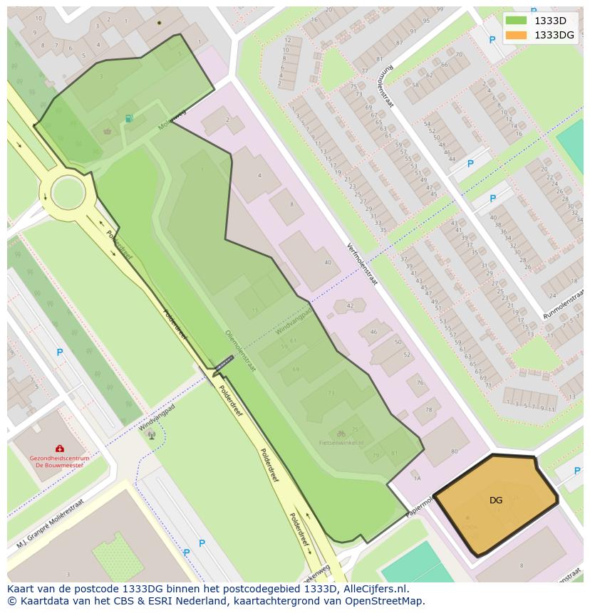 Afbeelding van het postcodegebied 1333 DG op de kaart.
