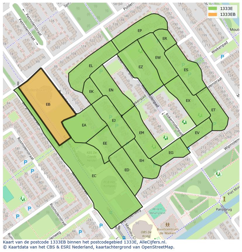 Afbeelding van het postcodegebied 1333 EB op de kaart.