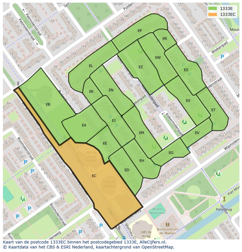 Afbeelding van het postcodegebied 1333 EC op de kaart.