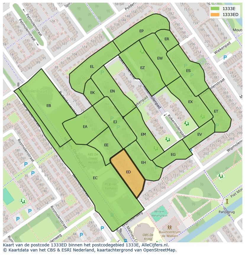 Afbeelding van het postcodegebied 1333 ED op de kaart.