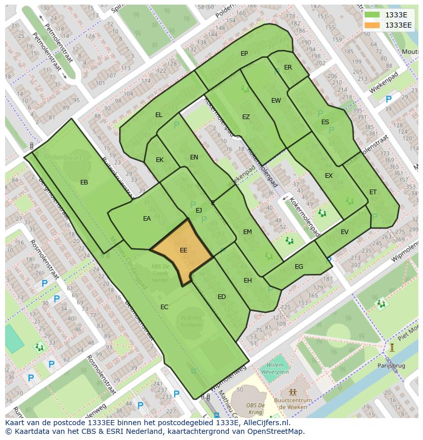Afbeelding van het postcodegebied 1333 EE op de kaart.
