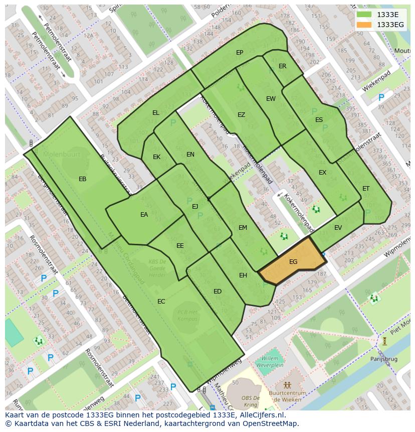 Afbeelding van het postcodegebied 1333 EG op de kaart.