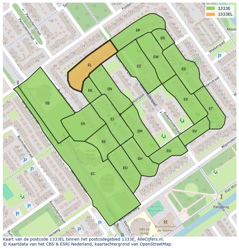 Afbeelding van het postcodegebied 1333 EL op de kaart.
