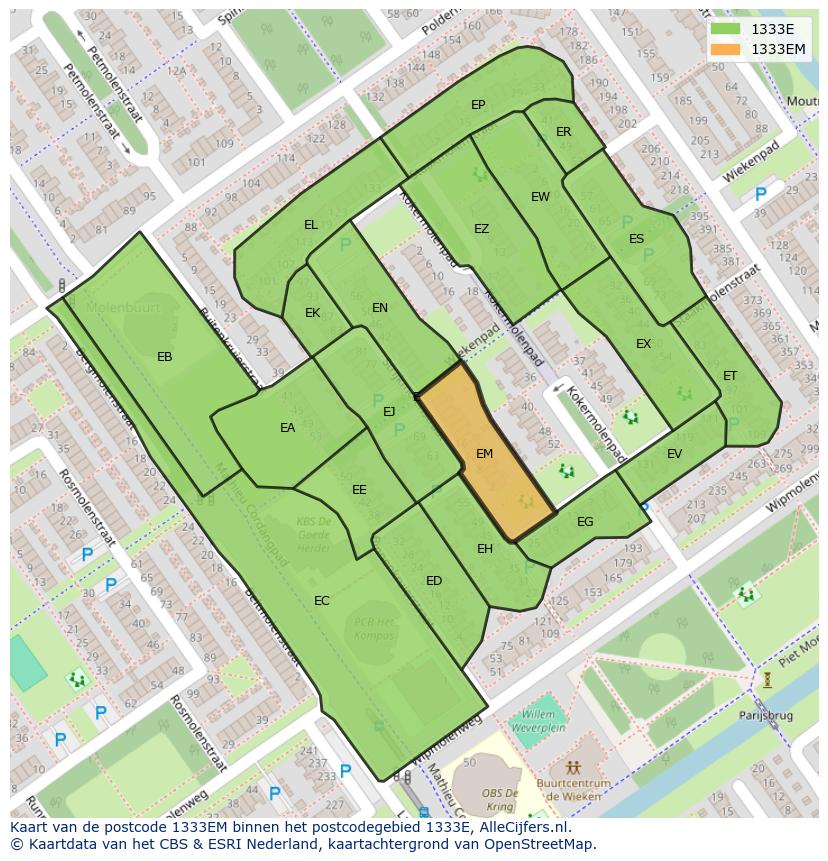 Afbeelding van het postcodegebied 1333 EM op de kaart.