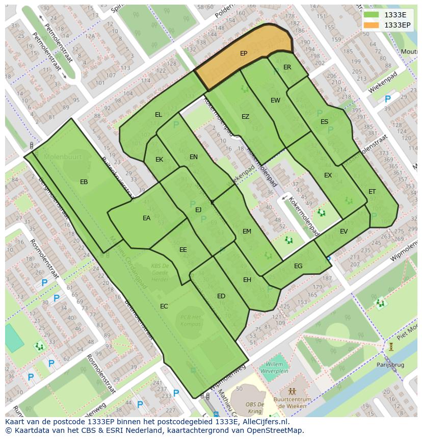 Afbeelding van het postcodegebied 1333 EP op de kaart.