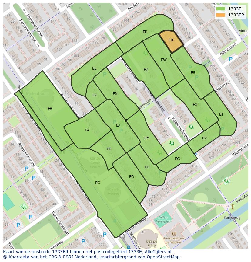 Afbeelding van het postcodegebied 1333 ER op de kaart.