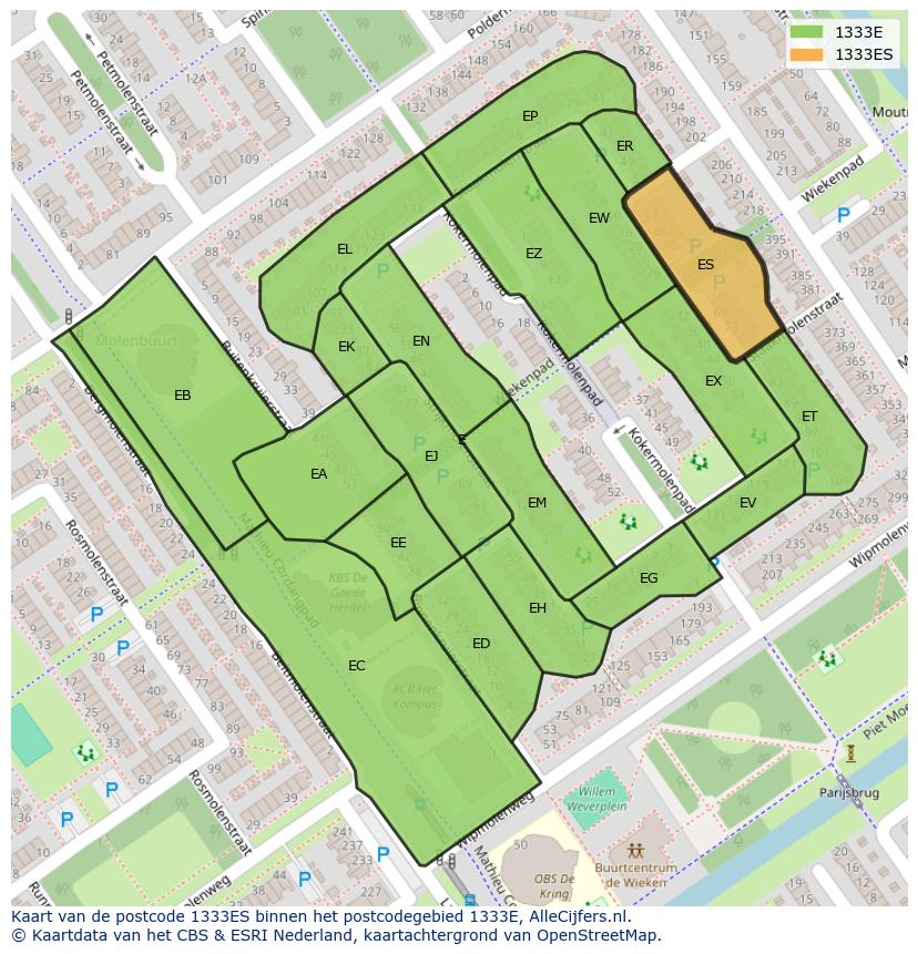 Afbeelding van het postcodegebied 1333 ES op de kaart.