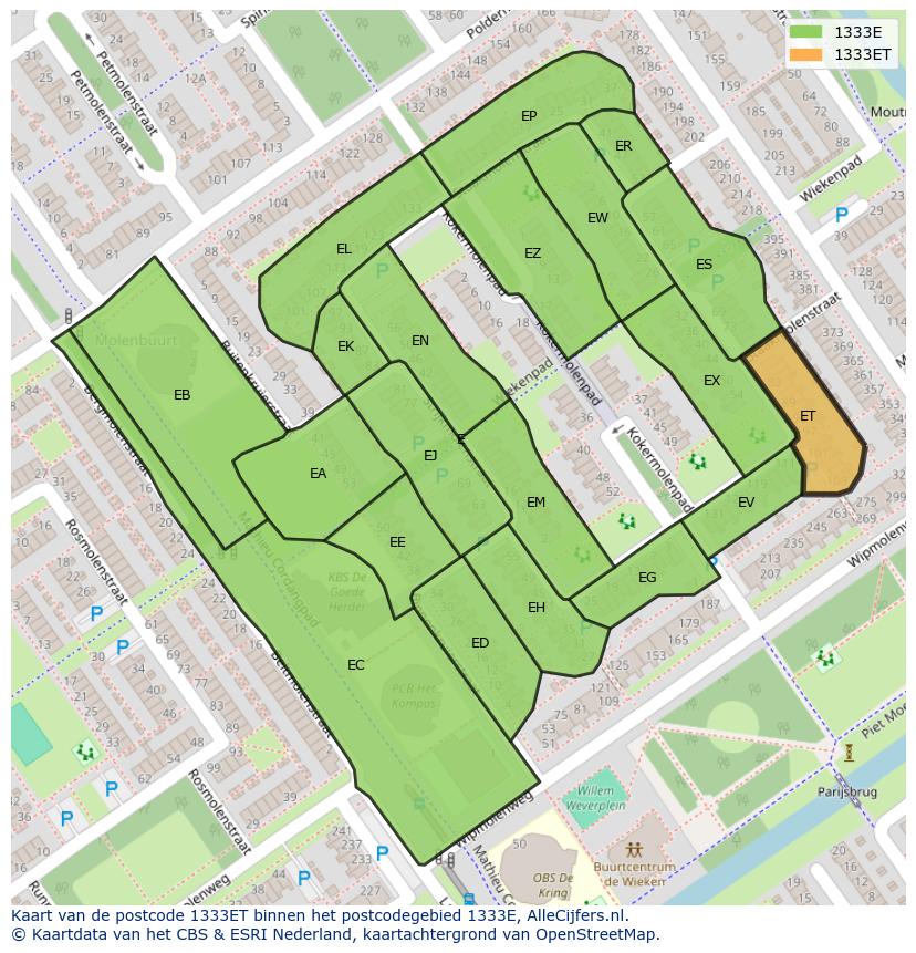 Afbeelding van het postcodegebied 1333 ET op de kaart.