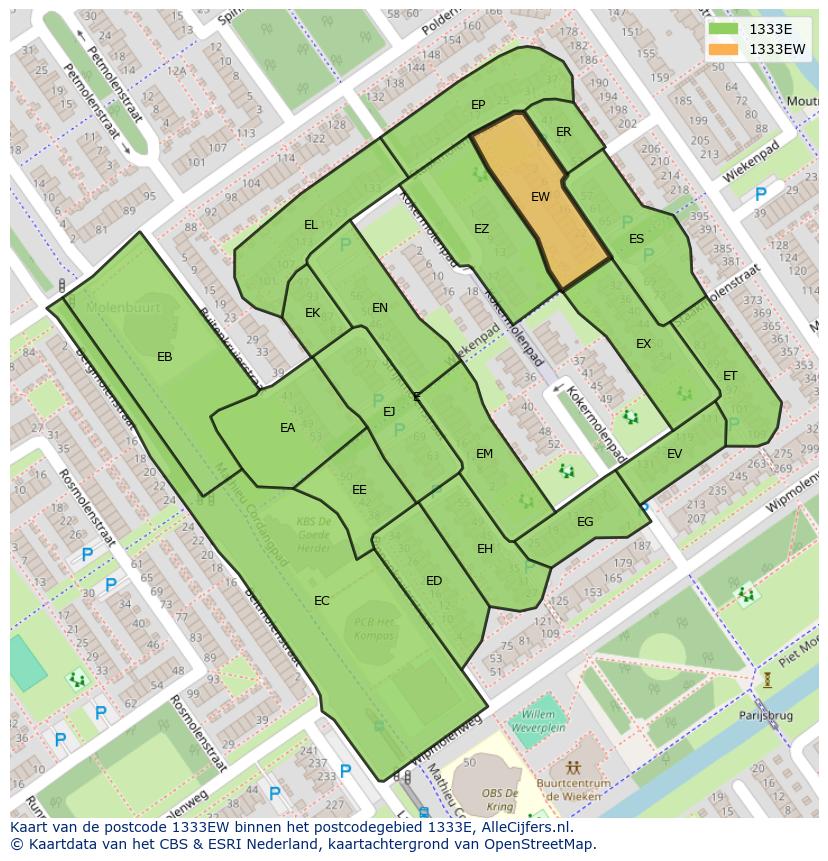 Afbeelding van het postcodegebied 1333 EW op de kaart.