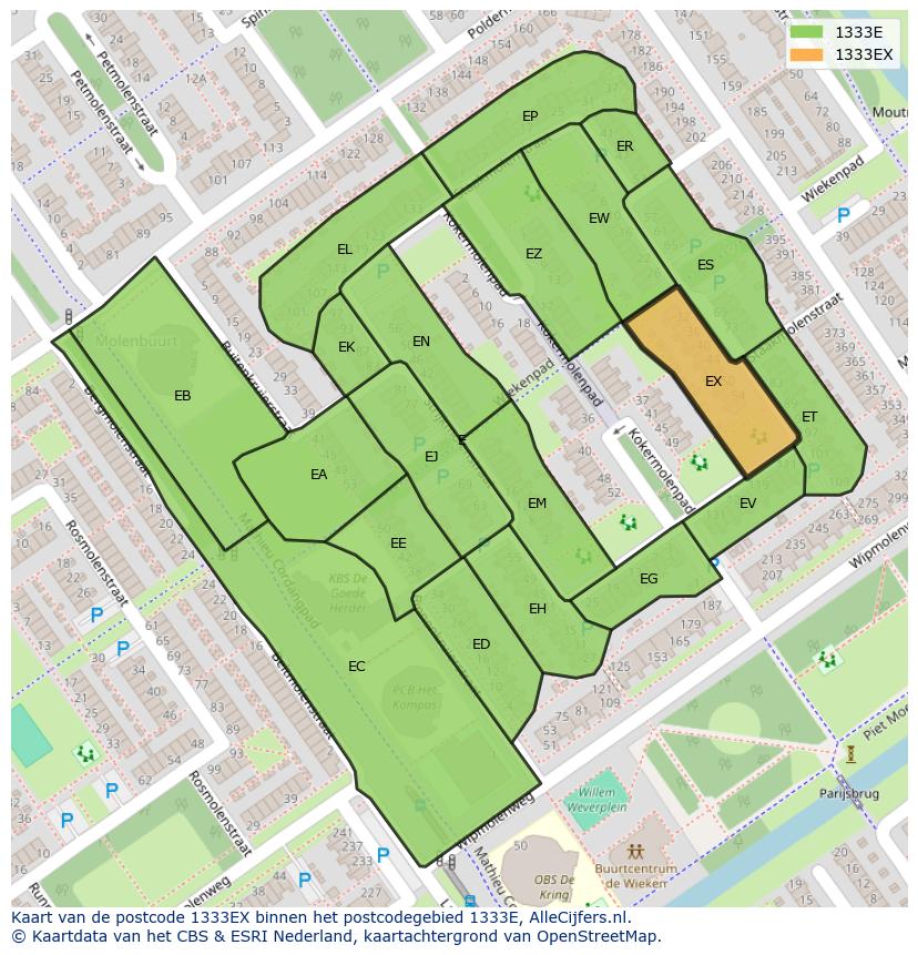 Afbeelding van het postcodegebied 1333 EX op de kaart.