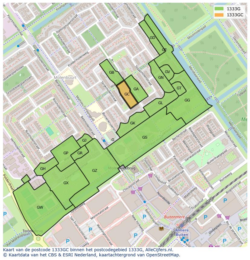 Afbeelding van het postcodegebied 1333 GC op de kaart.