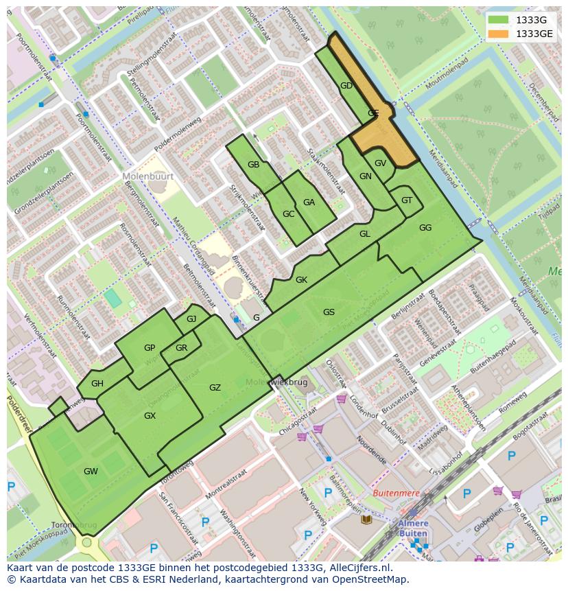 Afbeelding van het postcodegebied 1333 GE op de kaart.
