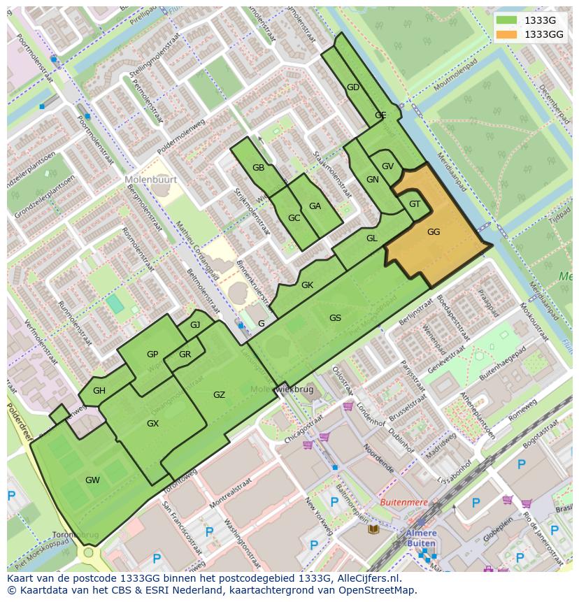Afbeelding van het postcodegebied 1333 GG op de kaart.