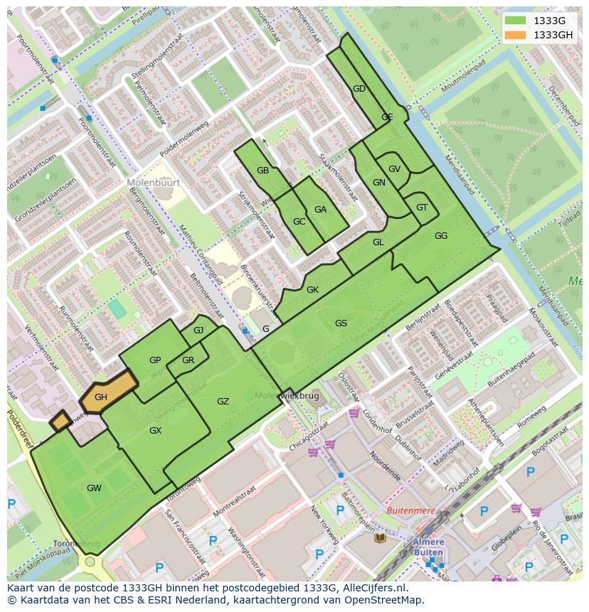 Afbeelding van het postcodegebied 1333 GH op de kaart.