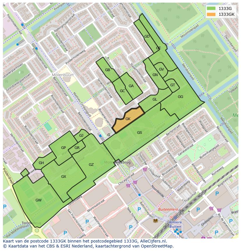 Afbeelding van het postcodegebied 1333 GK op de kaart.