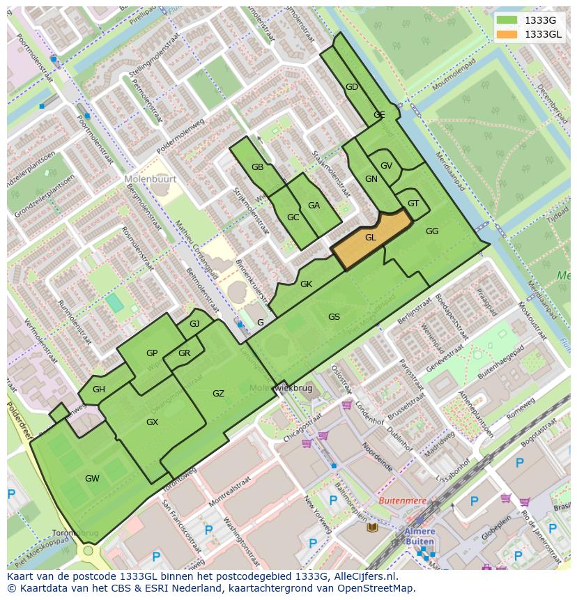 Afbeelding van het postcodegebied 1333 GL op de kaart.