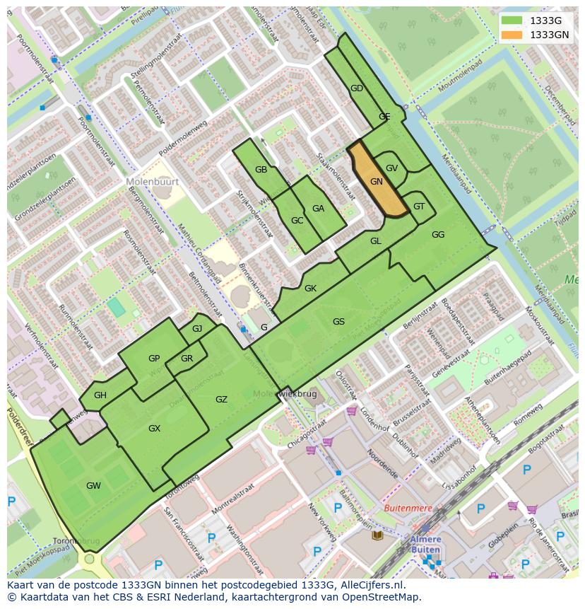 Afbeelding van het postcodegebied 1333 GN op de kaart.