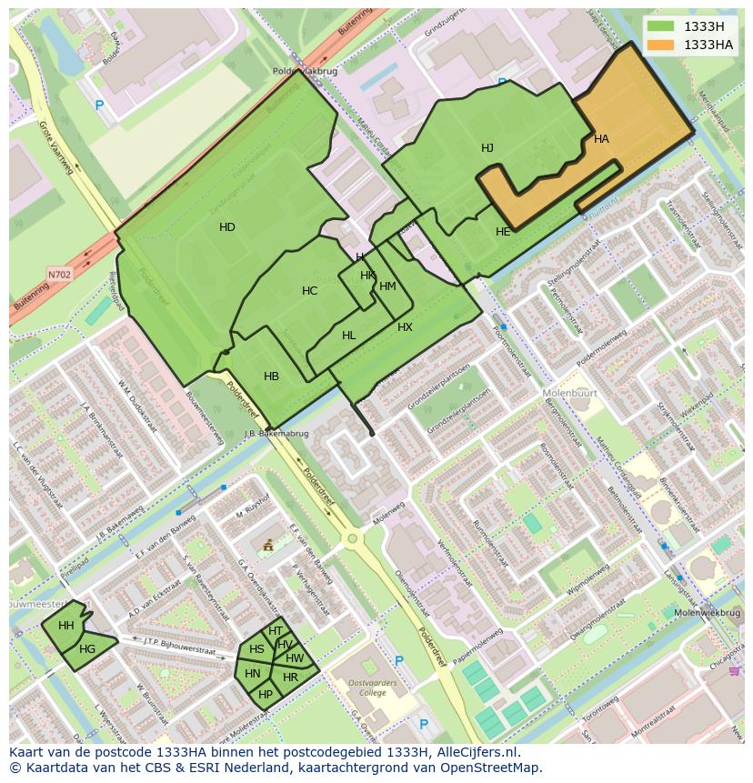 Afbeelding van het postcodegebied 1333 HA op de kaart.