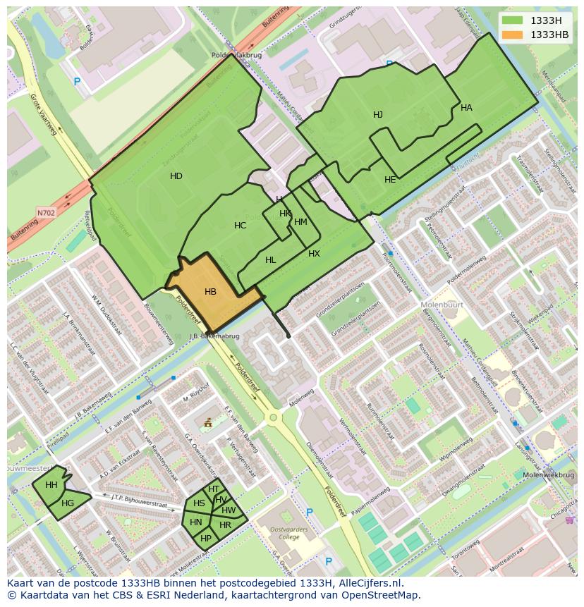 Afbeelding van het postcodegebied 1333 HB op de kaart.