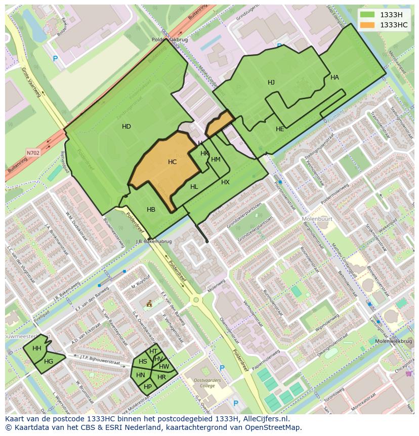 Afbeelding van het postcodegebied 1333 HC op de kaart.
