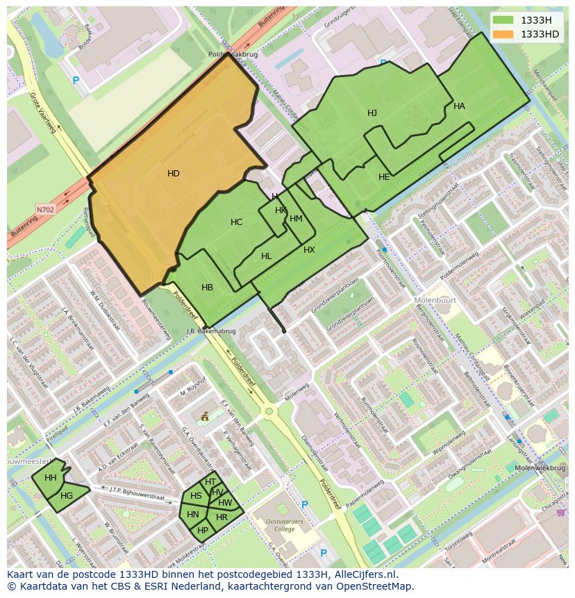 Afbeelding van het postcodegebied 1333 HD op de kaart.