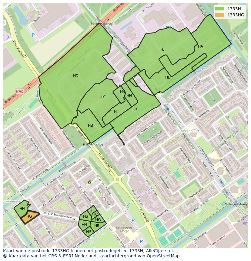 Afbeelding van het postcodegebied 1333 HG op de kaart.