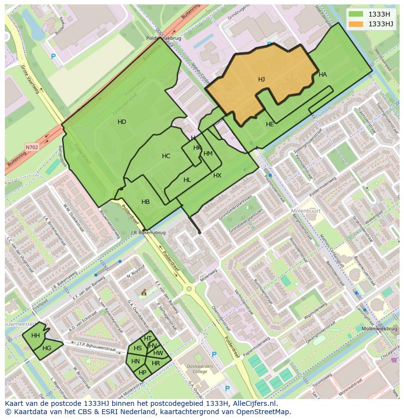 Afbeelding van het postcodegebied 1333 HJ op de kaart.