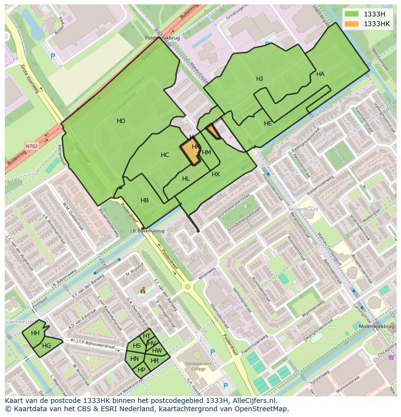 Afbeelding van het postcodegebied 1333 HK op de kaart.
