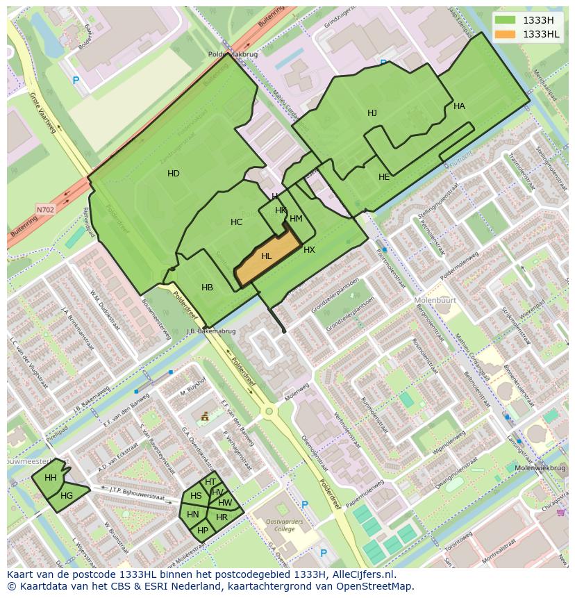 Afbeelding van het postcodegebied 1333 HL op de kaart.