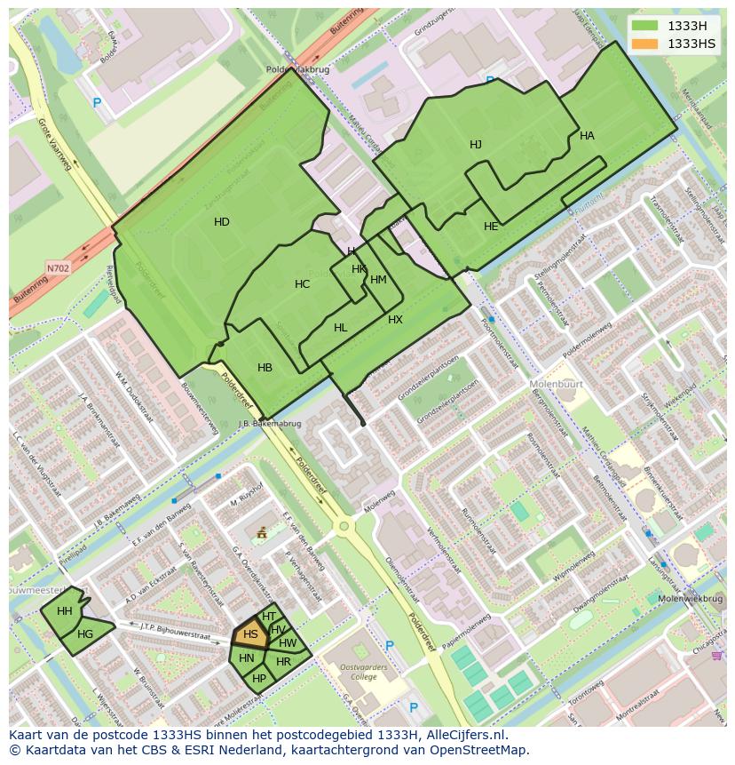 Afbeelding van het postcodegebied 1333 HS op de kaart.