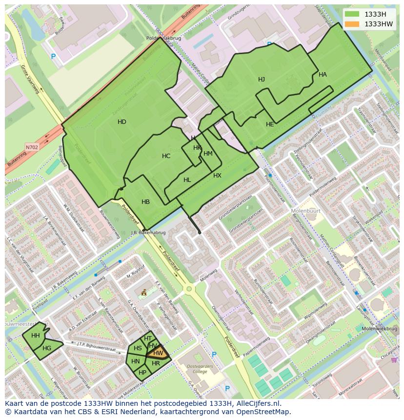 Afbeelding van het postcodegebied 1333 HW op de kaart.
