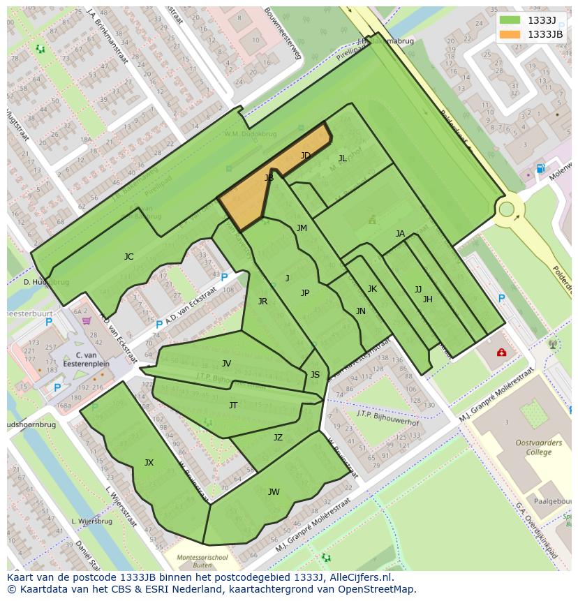 Afbeelding van het postcodegebied 1333 JB op de kaart.